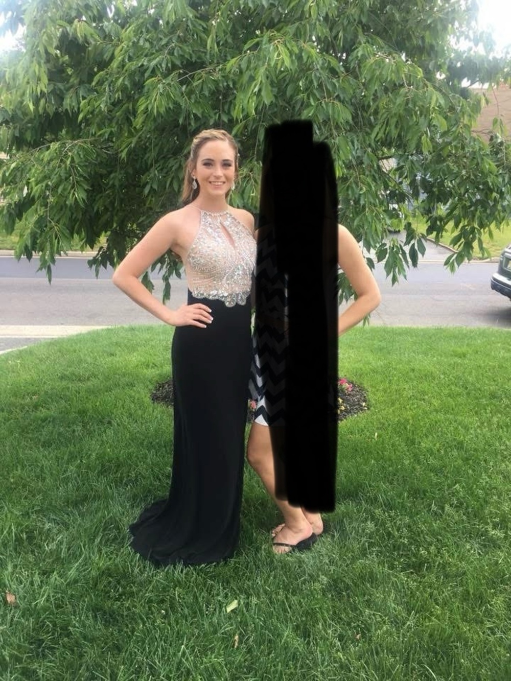 Blondie Nites Black Gown with Silver Beaded Halter Bodice & slit